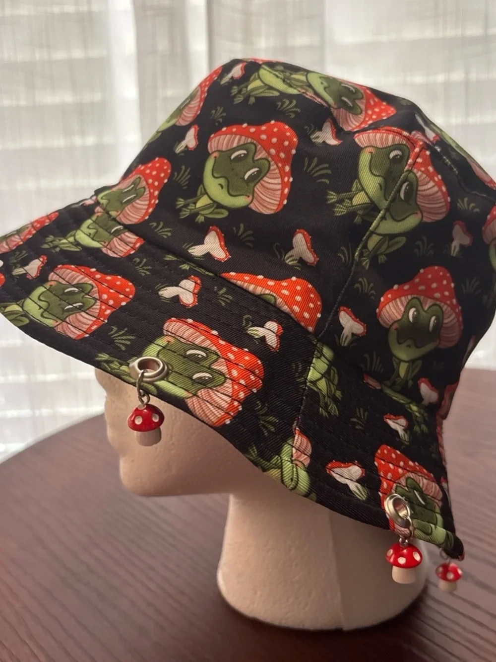 Black Frog & Red Mushroom Charm Bucket Hat